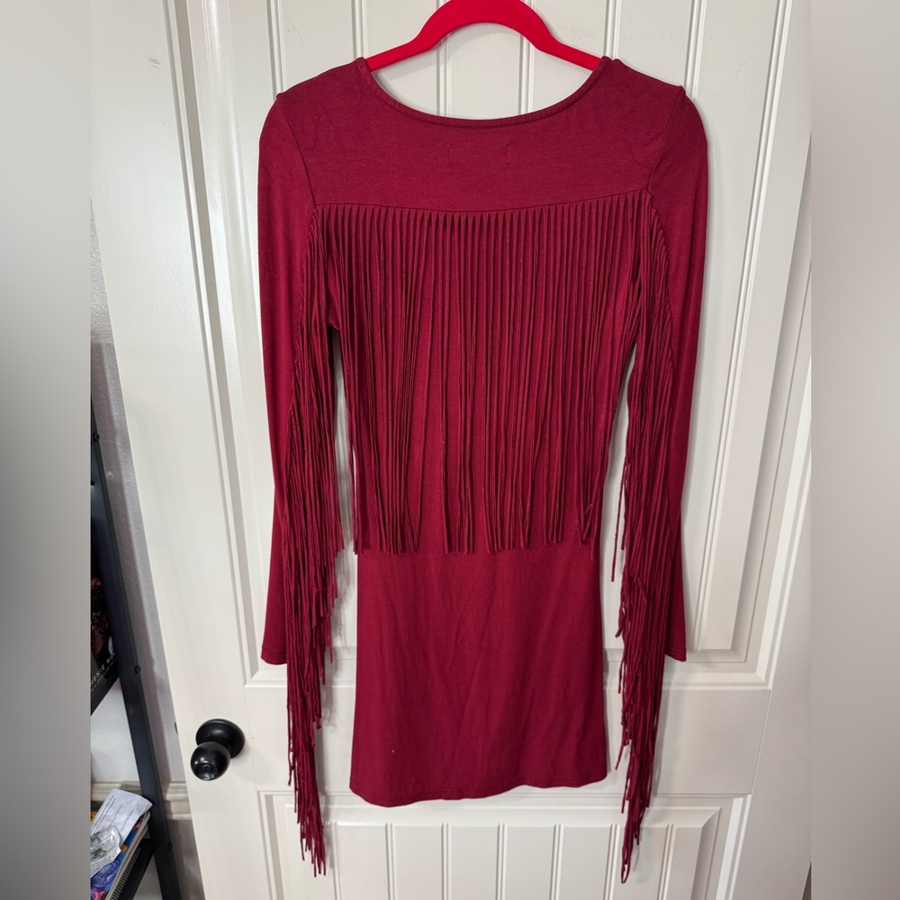 IDYLLWIND 🤠 Burgundy Fringe Long Sleeve Mini Dress (Women’s Size Small) - Picture 5 of 10